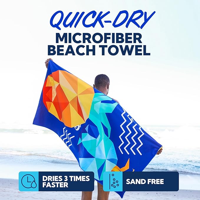 SUN NINJA Microfiber Beach Towel - Sand Free, Quick Dry, Lightweight & Compact for Beach, Pool, Yoga and Camping - 63x32 inch Super Absorbent, Large Sand Free Swim Towels for Adults and Kids