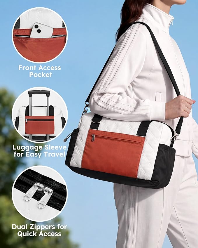 Puffer Gym Bag for Women, Quilted Weekender Bag for Travel, Lightweight Carry on Duffle for Sports Workout Dance Ballet Yoga Gymnastics Hospital with Wet Pocket, Beige-black-brown