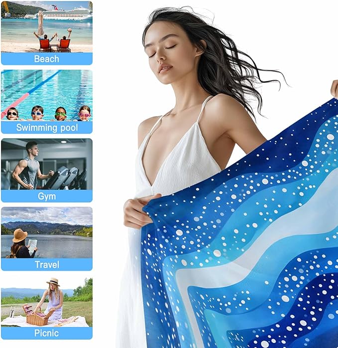 Blue Waves Stripes Beach Towel 30" x 60" White Polka Dots Abstract Watercolor Art Quick Dry Sand Free Pool Towels Soft & Absorbent Compact Towels Beach Accessories for Travel Bathroom Swimming Pool