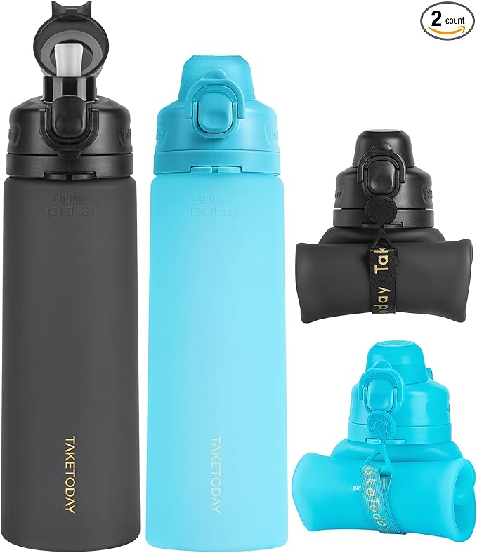 TakeToday Collapsible Water Bottles 20oz (600mL), Foldable Platinum Silicone Travel Water Bottle with Straw & Carry Strap, Leak-Resistant Screw Lid, Wide Mouth, BPA-Free for Hiking, Camping, Travel