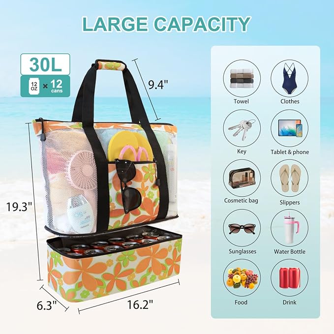 ASL Mesh Beach Bag with Cooler Compartment for Women, 2-in-1 Print Travel Tote 30L with Zipper and Pockets, Pool Picnic