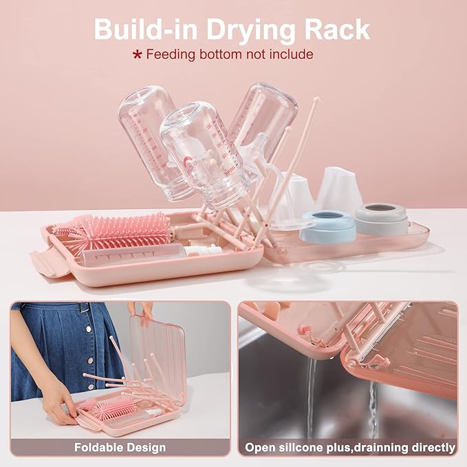 6 in 1 Baby Bottle Cleaner Set with Drying Rack,Silicone Baby Bottle Brush,Straw Brush,Nipple Brush,Soap Dispenser and Storage Box, Portable Baby Essentials for Home&Travel(Pink)