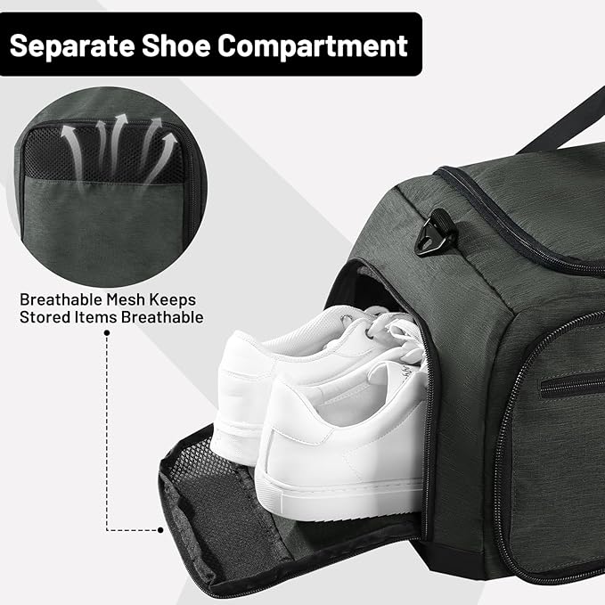 MIER Foldable Duffle Bag with Shoe Compartment 50L Travel Duffel Bags for Men Women Packable Overnight Bag for Camping Gym Weekender, Green Gray