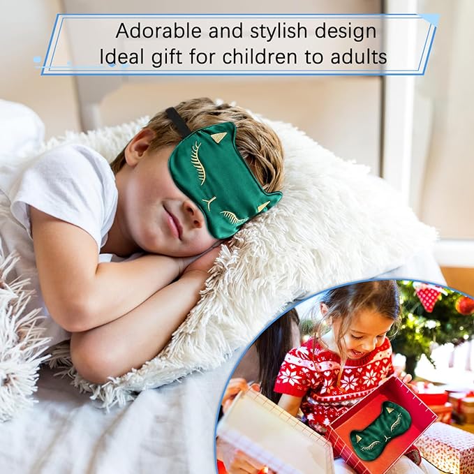 Cute Cat Silk Sleep Mask Adjustable Eye Mask Sleeping Mask Eye Cover Soft Satin Blindfold Eye Shade for Girls Women Men Travel Nap - Green