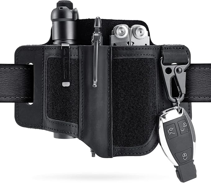 VIPERADE PL3 Multitool Sheath, Leather Sheath with DIY Patch Area, EDC Pocket Organizer for Men, Leatherman Sheath Flashlight Holder with Pen Holder, EDC Belt Organizer with Key Holder (B-Black)