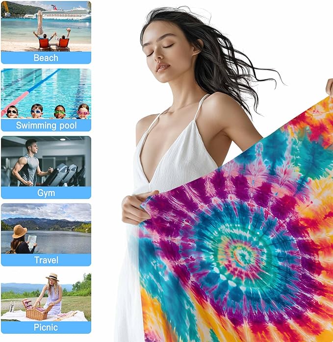 Abstract Tie-Dye Art Beach Towel 35" x 71" Purple Yellow Teal Watercolor Gradient Quick Dry Sand Free Pool Towels Soft & Absorbent Compact Towels Beach Accessories for Travel Bathroom Swimming Pool