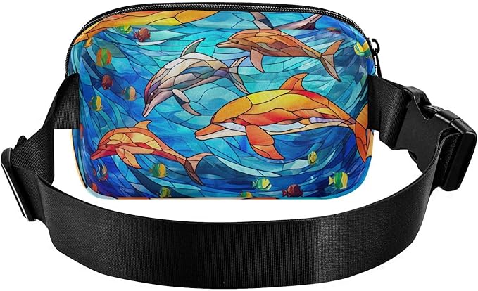 Stained Glass Printed Sea Dolphin Fanny Pack for Women Men Water Resistant Fashion Waist Packs with Adjustable Strap Belt Bag for Travel Workout Jogging Hiking 21219623
