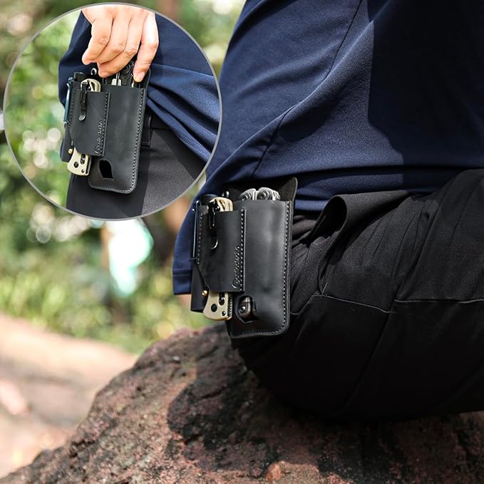 Gentlestache Leather Multitool Sheath - Belt Clip EDC Belt Organizer - Leather Multi Tool Holster for Belt - Multitool Holder