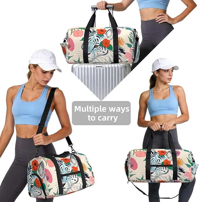 Cute white tiger Print Gym Bag with Shoe Compartment for Women Men, 17.7in Sports Duffle Weekender Tote, Overnight Travel Duffel Bag Carry On