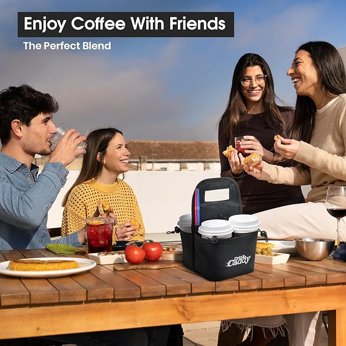 Drink Caddy Portable Drink Carrier and Reusable Coffee Cup Holder - 4 Cup Collapsible Tote Bag with Organizer Pockets Safely Secures Hot and Cold Beverages - Perfect for Food Delivery and Take Out