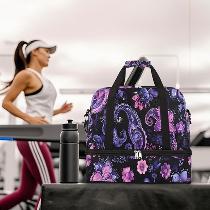Purple Pink Abstract Paisley Large Weekender Bag with Shoe Compartment Travel Duffel Bags for Women Carry On Hospital Overnight Bag Foldable Personal Item Travel Bags Tote Gym Sports Airplanes