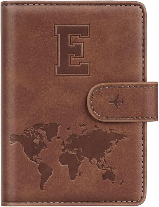 Passport Holder Wallet Cover Personalized Letter A-Z Travel Wallet RFID Blocking Passport Cover Wallet Case for Travel Passport Book Holders for Women and Men, Brown-E