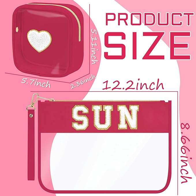 Preppy Patch Sun Cosmetic Bag Summer Sunscreen Toiletry Bag Portable PVC & Nylon Waterproof Makeup Bag Daily Use Storage Purse Travel Swimming Beach Bag for Women Girls