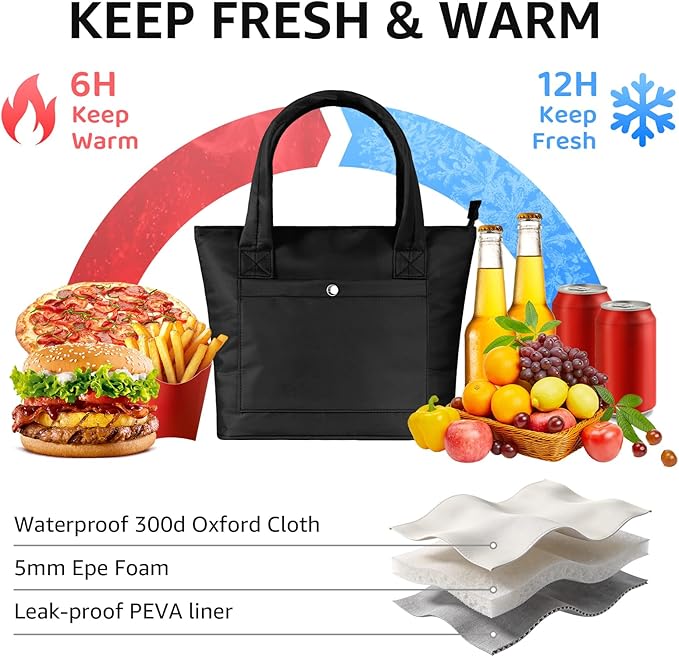 Tote Lunch Bag Women Stylish Quilted Lunch Boxes for Adult Fit and Fresh Cooler Insulated Lunchbox for Work Large 10 Liters Cute Compact Lunchbag Waterproof Black