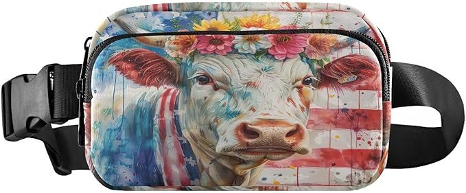 American Flag Cow with Floral Crown Fanny Pack for Women Men Water Resistant Fashion Waist Packs with Adjustable Strap Belt Bag for Travel Workout Jogging Hiking 21220215