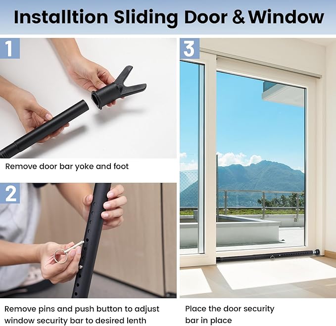 Sliding Door Security Bar 2 Pack, 20.5-51.8 Inch Adjustable Door Stoppers Security Sliding Glass Door Security Bar, Heavy Duty Window/Patio Door Security Bars Black