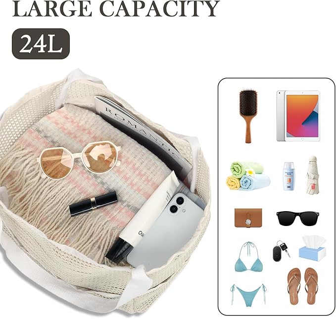 Fammart Mesh Beach Bag for Women, Summer Straw Tote Hobo Pool Bags with Zipper Pocket, Travel Vacation Cruise Essentials 2026
