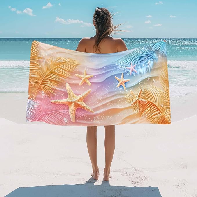 Summer Palm Leaves Beach Towel 35" x 71" Ocean Starfish Quick Dry Sand Free Pool Towels Dreamy Gradient Soft & Absorbent Compact Towels Beach Accessories for Travel Bathroom Swimming Pool
