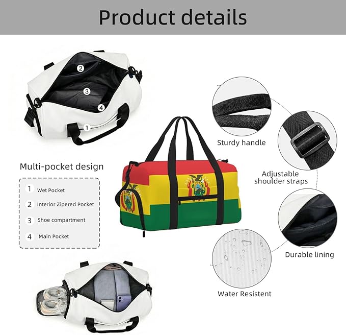 Flag of Bolivia Print Gym Bag with Shoe Compartment for Women Men, 17.7in Sports Duffle Weekender Tote, Overnight Travel Duffel Bag Carry On