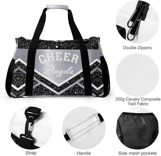 Cheer Silver Black Grey Cheering Stripes Tote Bag, Customized Duffel Bags Weekender Overnight Bag Travel Bag Personalized Gift Gym Bags Luggage Bag