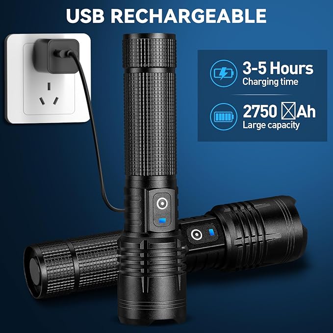 Flashlight Rechargeable LED High Lumens, 99,000 Lumens Super Bright Flash Lights with 5 Modes, Adjustable，Waterproof Powerful Linterna for Home, Camping(2 Pack)