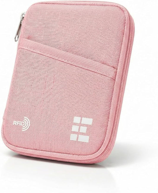 Zero Grid RFID Passport Holder & Travel Wallet, Zippered Wallet for Men & Women, Fits Passport, Cards, Cash, Tickets, ID, Sim Card, AirTag; Premium & Compact Travel Document Holder - Rose Pink