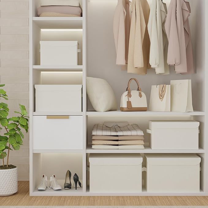Foldable Storage Bin, Cube Organizer Basket with Flip-Top Lid and 2 Handles, Decorative Boxes for Shelves with Cover for Clothes, Towels, Blanket, 2 Pack, Beige, 13 x 9 x 7.9 In, XSNY12BEM-2