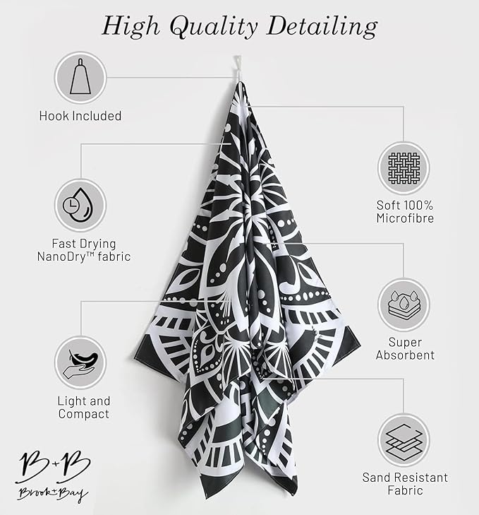 Brook + Bay Sand Free Beach Towel, Compact Beach Towel, 35"x78" Beach Towels - Oversized, Sandproof, Light Weight Beach Towel in a Bag - Mandala