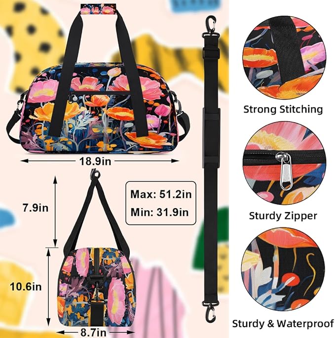 Gym Bag for Women Men, Pink Orange Poppies Black Travel Duffle Bags for Dance Ballet Overnight, Carry-On Weekender Bag with Detachable Shoulder Strap