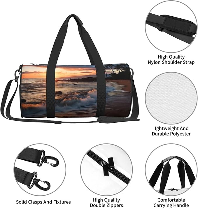 Beach Maui Hawaii Sunset Sea Waves Clouds Sports Gym Bag for Women Men Travel Duffel Bag Tote Weekender Bag Canvas Carry on Overnight Bag for Travel Swimming Fitness Workout Sports Duffle Bag