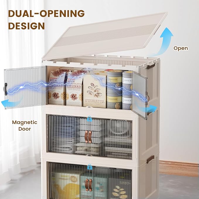 SAILUN 508Qt Extra Large Stackable Storage Bins Folding Collapsible Storage Bins with Lid, Closet Organizers and Storage Box with Door Beige 28" W x 17" D x 61" H