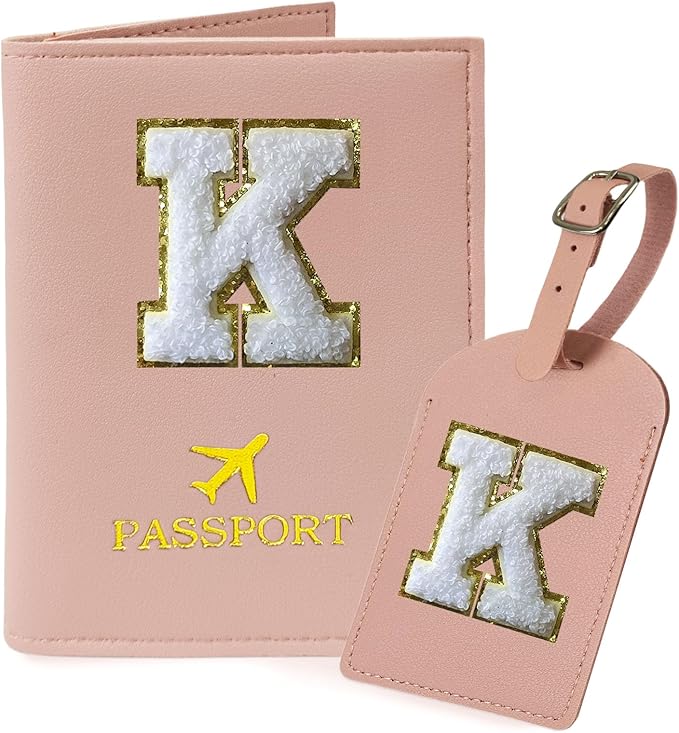 COSHAYSOO Initial Passport Cover Holder and Luggage Tag Set with Chenille Letter Patch for Women Teenage Girls, Traveling Necessities Supply Unique Bag Suitcase Identifier Pink K