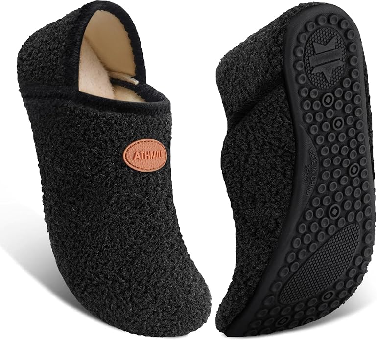 ATHMILE House Slippers for Women Men Microfiber Barefoot Shoes Slip On Slipper Socks Indoor Non Slip Foldable Lightweight for Travel Yoga Home Dark Black