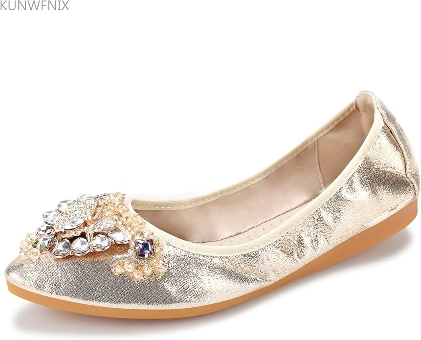 KUNWFNIX Women Ballet Flats Rhinestone Wedding Ballerina Shoes Foldable Sparkly Comfort Slip on Flat Shoes