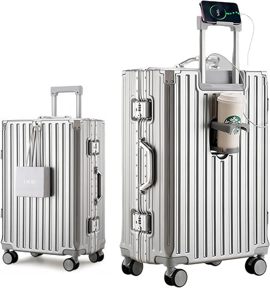 HotWay PC Hard Shell Checked Suitcase with Aluminum Frame, Luggage with Cup Holder and USB Port, Zipperless Luggage for Business Travel (Silver, Checked In 24Inch)