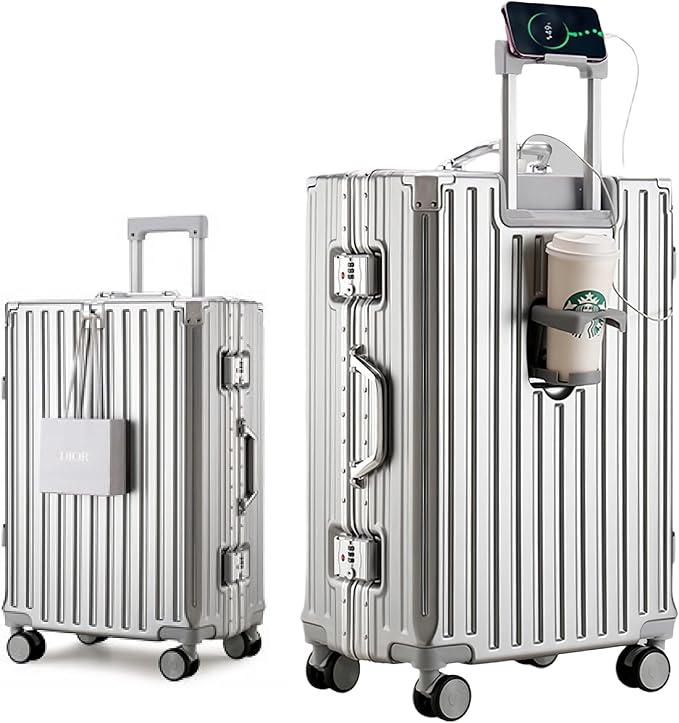 HotWay PC Hard Shell Checked Suitcase with Aluminum Frame, Luggage with Cup Holder and USB Port, Zipperless Luggage for Business Travel (Silver, Checked In 26Inch)