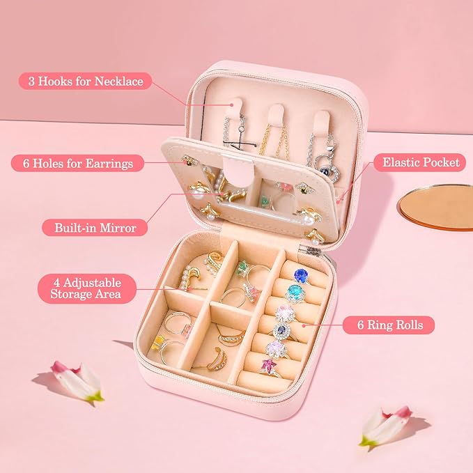 Small Travel Jewelry Case for Women, Initial Travel Jewelry Case Box Organizer Personalized Gifts, Fashion Travel Essentials Trendy Stuff for Teen Girls, Pink V