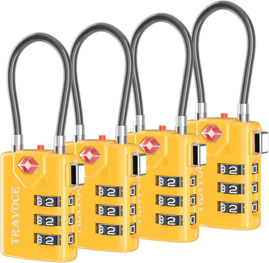 Search Alert TSA Approved Travel Combination Luggage Cable Locks for Suitcase, Gym Locker,Toolbox,Backpack 1,2,4,6 &10 pk (Yellow 4 Pack)