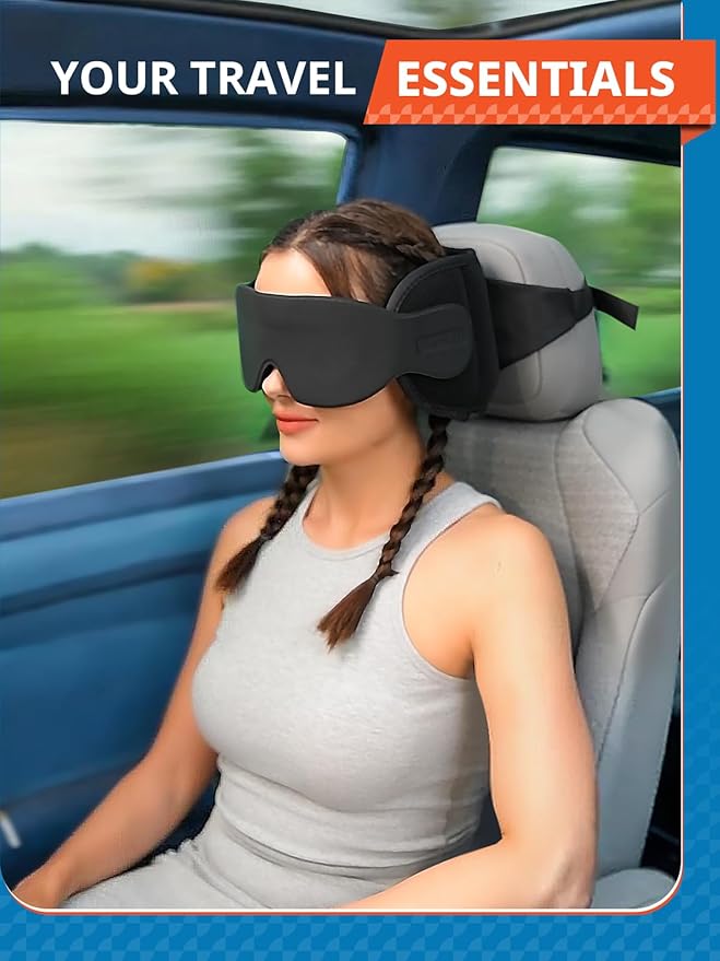 Travel Pillow, Car Travel Pillow with 3D Eye Mask for Sleep, 360° Head Support Strap for All Car Seat, Road Trip Essentials, Stop Bobblehead, Black