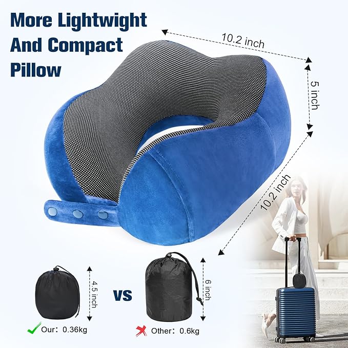 Neck Pillow for Traveling, Travel Pillows for Airplanes,100% Pure Memory Foam Travel Neck Pillow, Adjustable Flight Pillow, Portable Plane Accessories with Eye Mask, Earplugs, Carry Bag