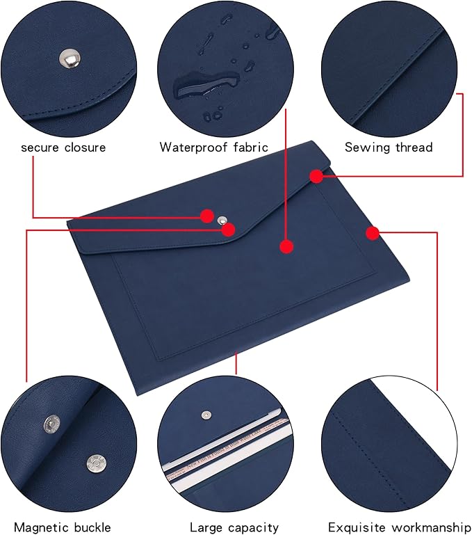 Wason Expanding A4 Document File PU Leather Envelope Case Holder-Large Size Pockets for Paper Bills Stationery Tablet and PC, Work Study Traveling (Dark Blue)
