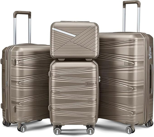 4 Piece Luggage Set PP Hardshell, Expandable Suitcase Set (20/24/28) with 14" Cosmetic Case, Lightweight Spinner Wheels with TSA Lock, Detachable Wheels for Nesting Storage (Champagne)