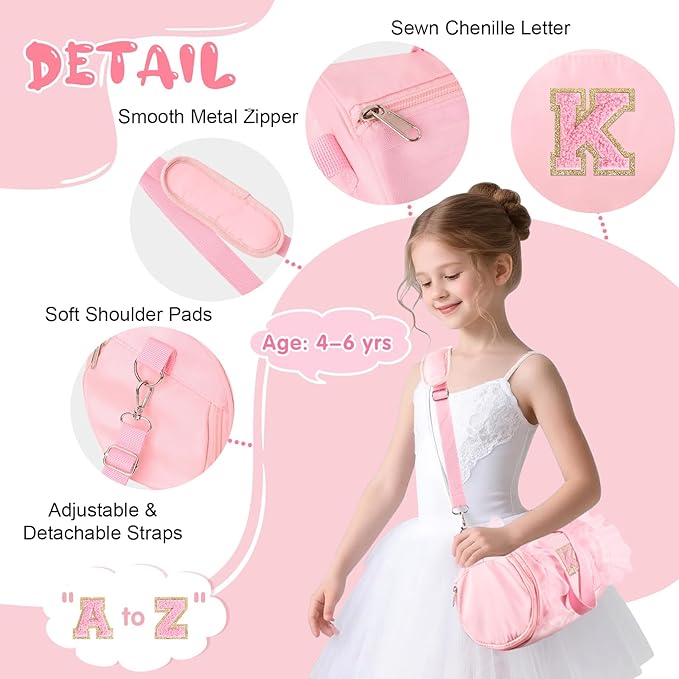 Personalized Initial Dance Bag for Girls 4-6, Small Lace Gym Sport Yoga Cheer Dance Bags Gift for Teen Girls, Cute Letter Kids Ballet Bag Toddler Travel Duffel Tote with Adjustable Straps(Pink-K)