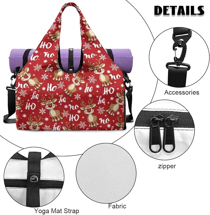 Christmas Reindeer Cute Gym Bag for Women with Yoga Mat Holder Sports Weekender Bags with Shoe Compartment Mini Duffel Bag for Travel Carry On Stylish Christmas Bag, Red