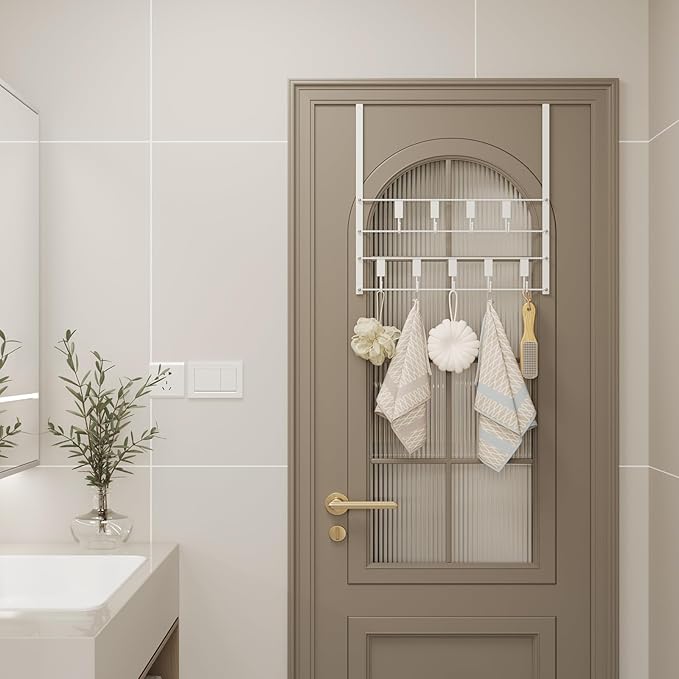 Over the Door Hooks, Over Door Hanger 9 Hooks, Coat Rack and Towel Rack for Hanging Clothes, Door Towel Hanger and Holder for Bathroom Organizer, Bedroom and Kitchen White