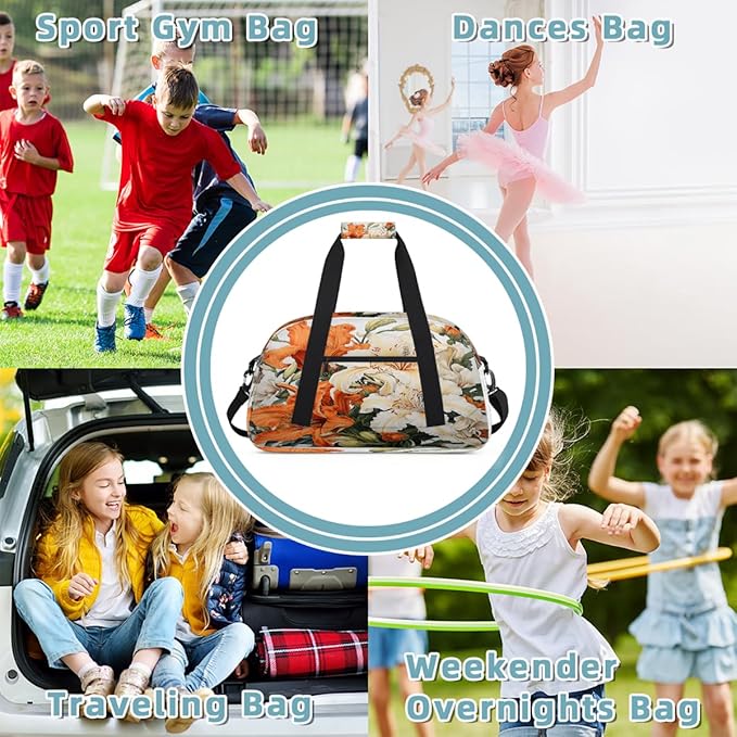 Travel Duffle Bag, Orange White Flowers Waterproof Weekender Overnight Bags for Women Men Lightweight Carry on Duffle Gym Bag for Travel, Sports, Fitness, Workout