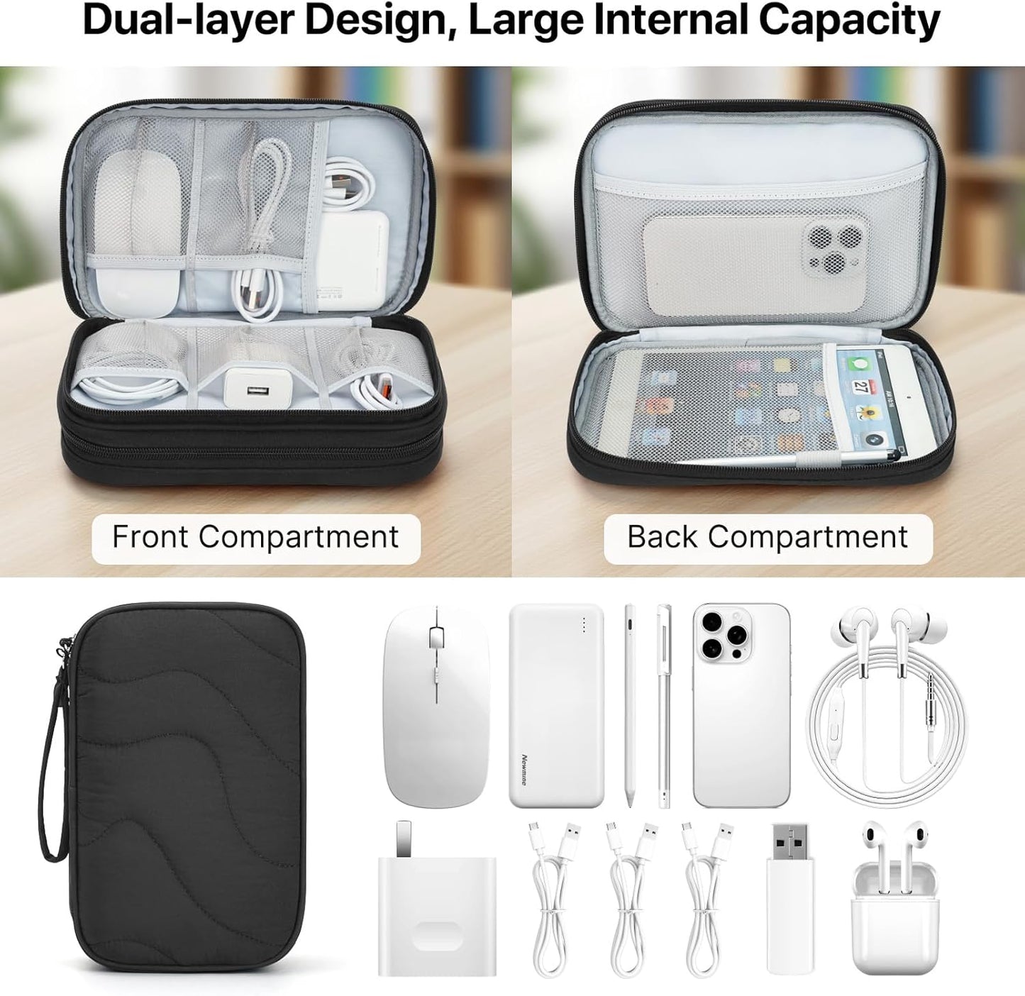 Skycase Tech Pouch - Lightweight Electronics Organizer Travel Case, Double Layers Travel Cable Organizer, All-in-One Storage Bag for Charger, Cord, Phone, Flash Drive, Accessories