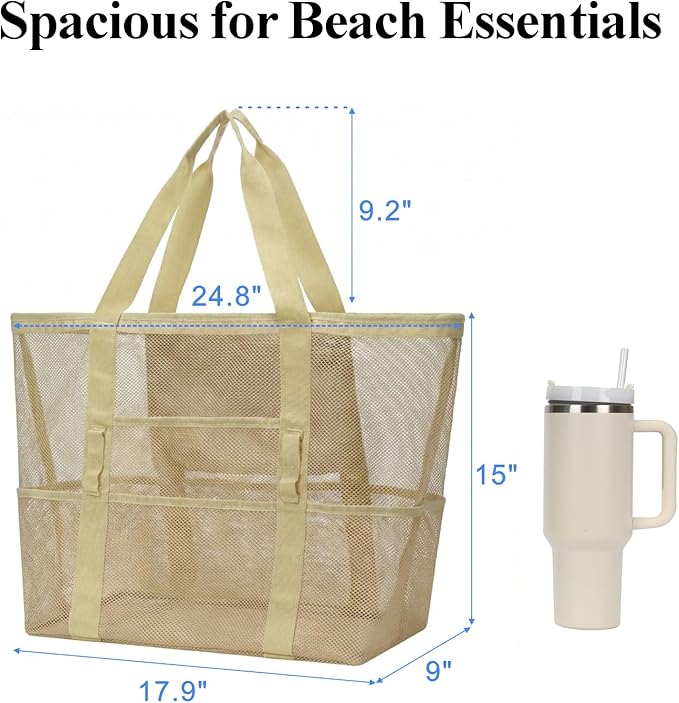 F-color Mesh Beach Bag Family - Large Tote Bag 9 Pockets for Swim Pool Toys Cruise Beach Vacation Essentials