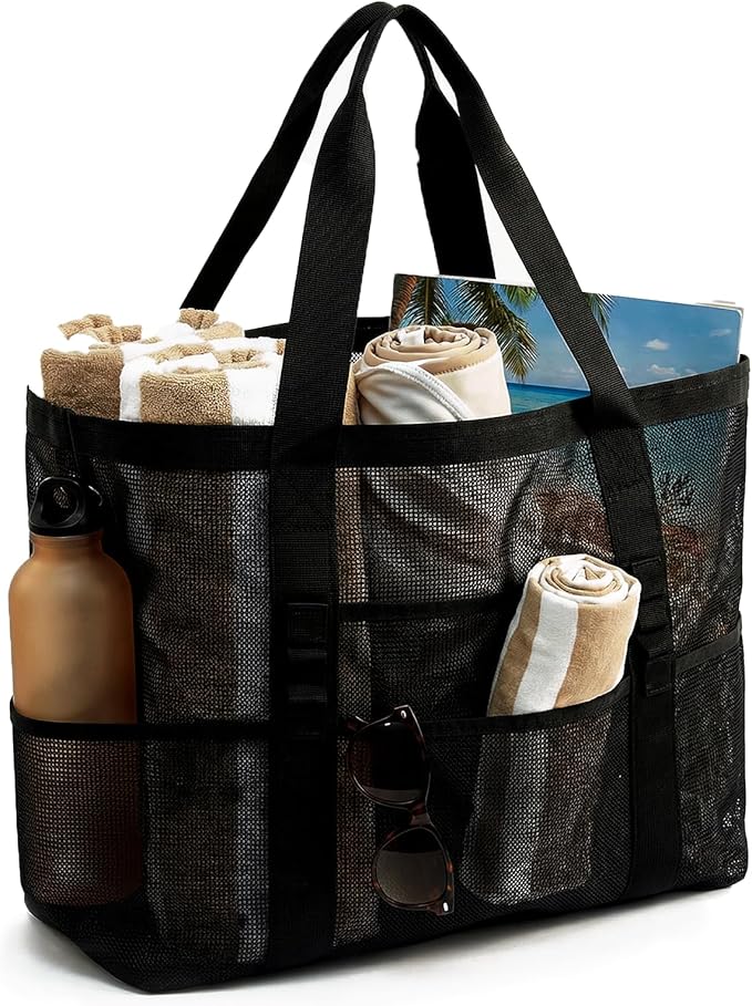 Mesh Beach Bag-Large Beach Tote for Women with Zipper Pocket, pool cruise travel swim, Toys & Vacation Essentials