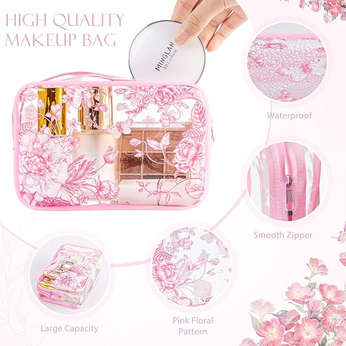 Set of 10 Clear Floral Cosmetic Bags PVC Makeup Bags Waterproof Travel Organizer Toiletry Pouches for Wedding Birthday Baby Shower Party Ideal Gift for Women Nurse Bridesmaid(Pink)